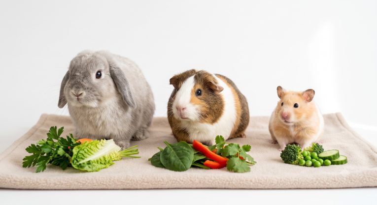 Three small pets—a rabbit, guinea pig, and hamster—each sitting beside their appropriate fresh vegetable portions showing species-specific dietary differences