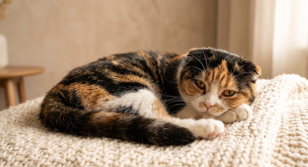 Scottish Fold cat with folded ears resting comfortably, illustrating the joint and mobility considerations for this breed's diet