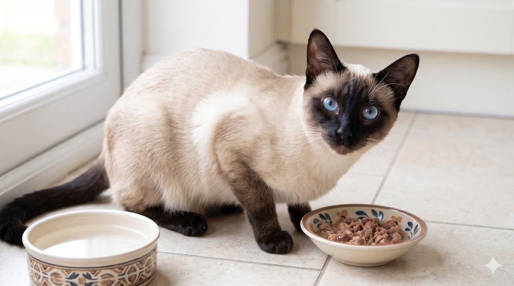 Lean Siamese cat with blue eyes drinking
water next to a bowl of wet cat food showing
the importance of moisture for Siamese hydration