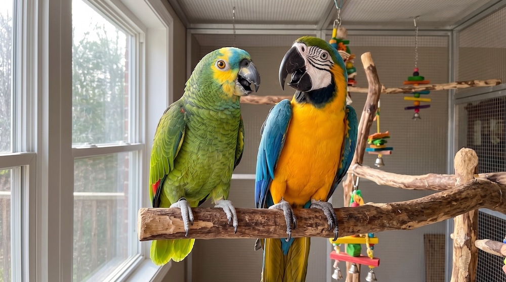 Amazon parrot and macaw perched together, representing species prone to hormonal seasonal screaming increases