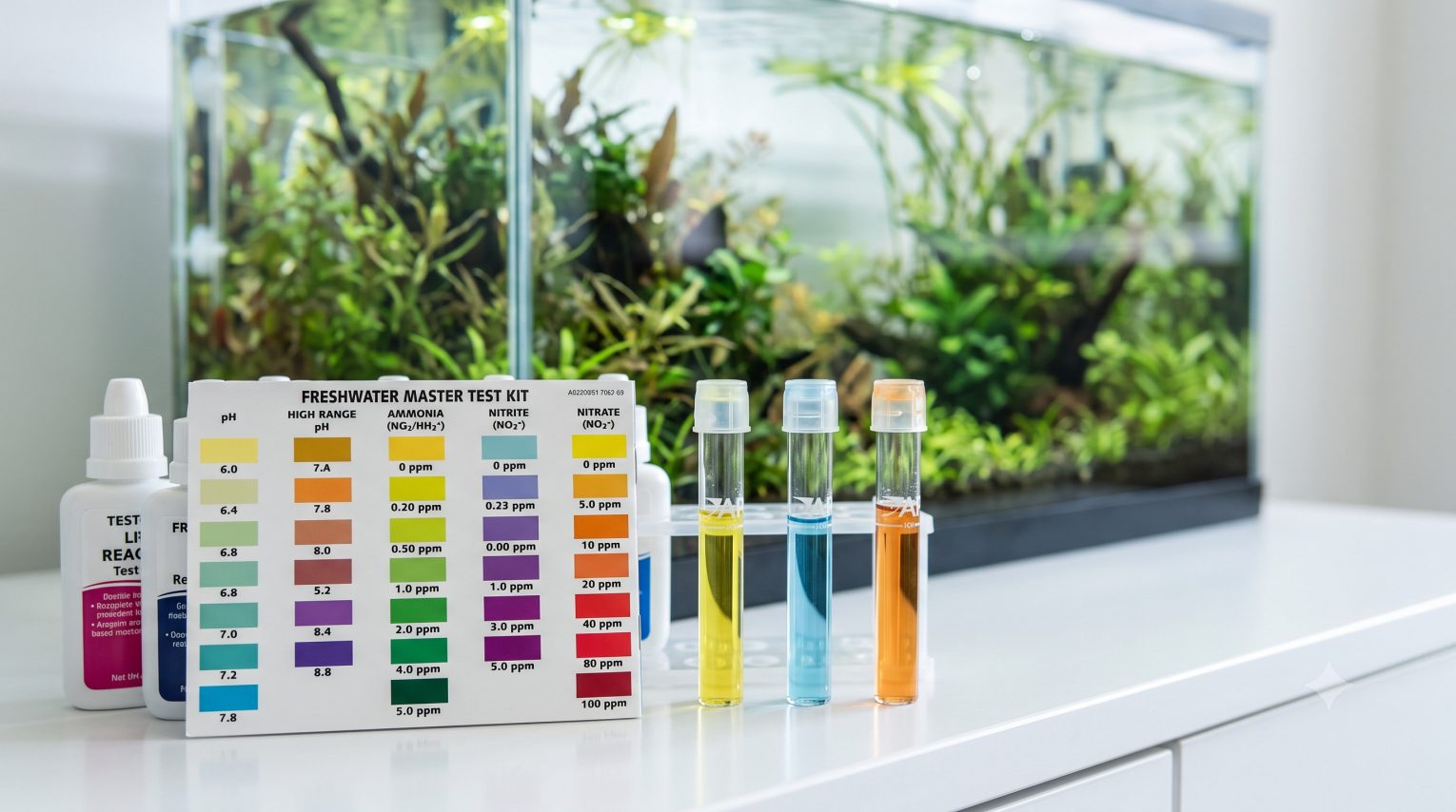 Freshwater aquarium test kit showing color comparison chart for ammonia, nitrite, and nitrate levels during the fishless cycling process