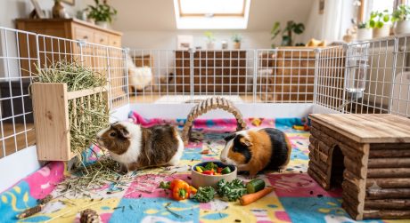 Two guinea pigs exploring a large, well-set-up indoor C&C cage with fleece bedding, multiple hideouts, and enrichment items