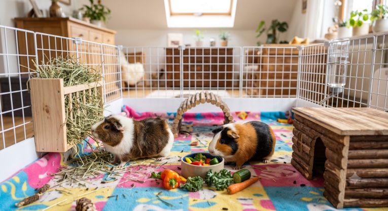 Two guinea pigs exploring a large, well-set-up indoor C&C cage with fleece bedding, multiple hideouts, and enrichment items