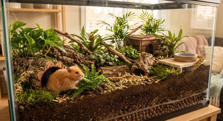 Completed bioactive hamster enclosure with live plants, deep burrowing substrate, cork bark tunnels, and a Syrian hamster exploring the habitat