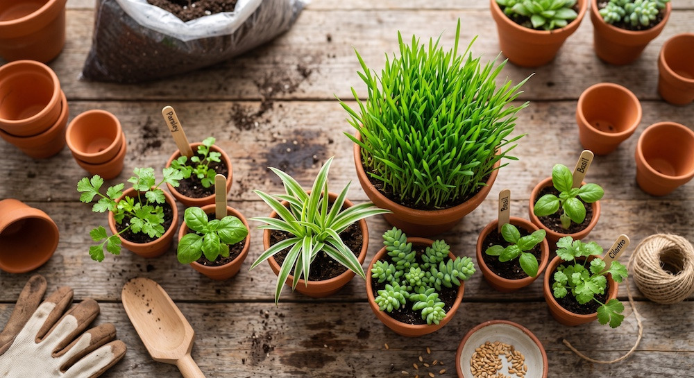 Selection of hamster-safe plants for a bioactive enclosure—wheatgrass, spider plant, sedum, and herb seedlings arranged ready for planting