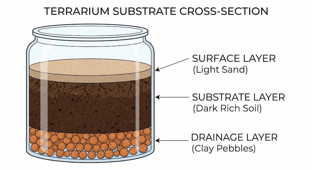 Cross-section diagram of a bioactive hamster enclosure showing the drainage layer, substrate mix, and surface layer with labels for each component