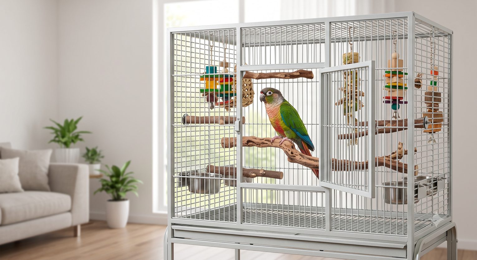 Pet parrot inside a spacious powder-coated steel cage with varied natural wood perches at different heights