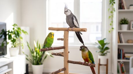 Several different pet bird species—a budgie, cockatiel, and larger parrot—shown together representing the range of companion birds covered in this guide