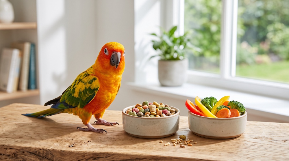 Pet bird beside a dish of formulated pellets and fresh vegetables, showing the correct dietary foundation