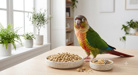 Pet parrot beside a dish of formulated pellets and a small dish of mixed seeds, showing the correct proportion between the two