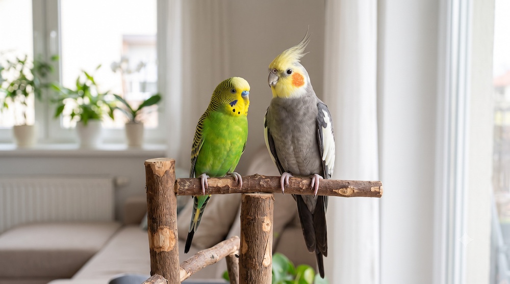 A budgie and a cockatiel perched together, representing beginner-friendly pet bird species with manageable size and noise levels