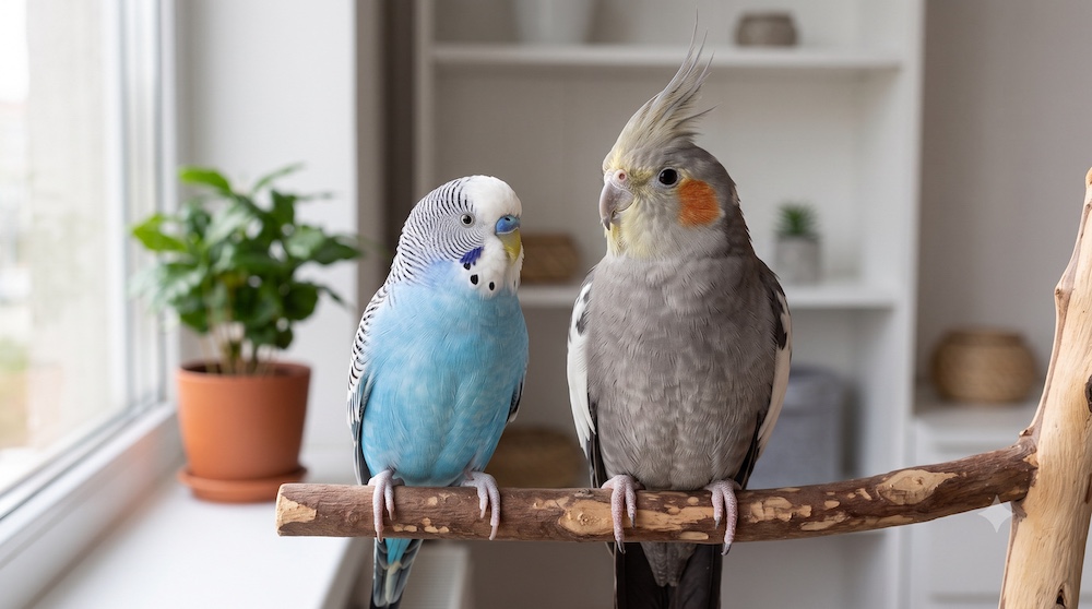 Budgie and cockatiel perched together,
representing generally quieter pet bird species