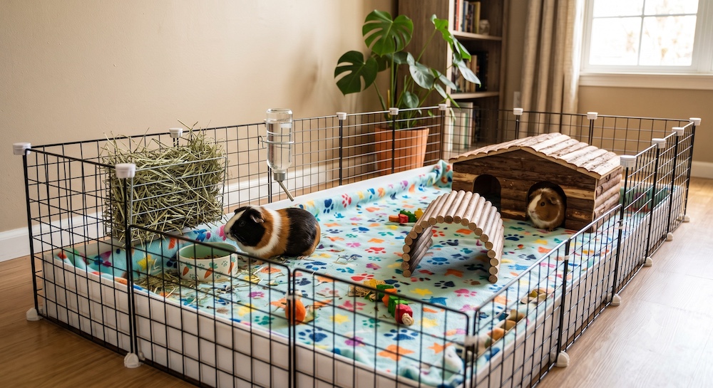 Large DIY C&C cage for guinea pigs with colorful fleece liner, hay corner, wooden hideouts and water bottle, showing the spacious modular setup