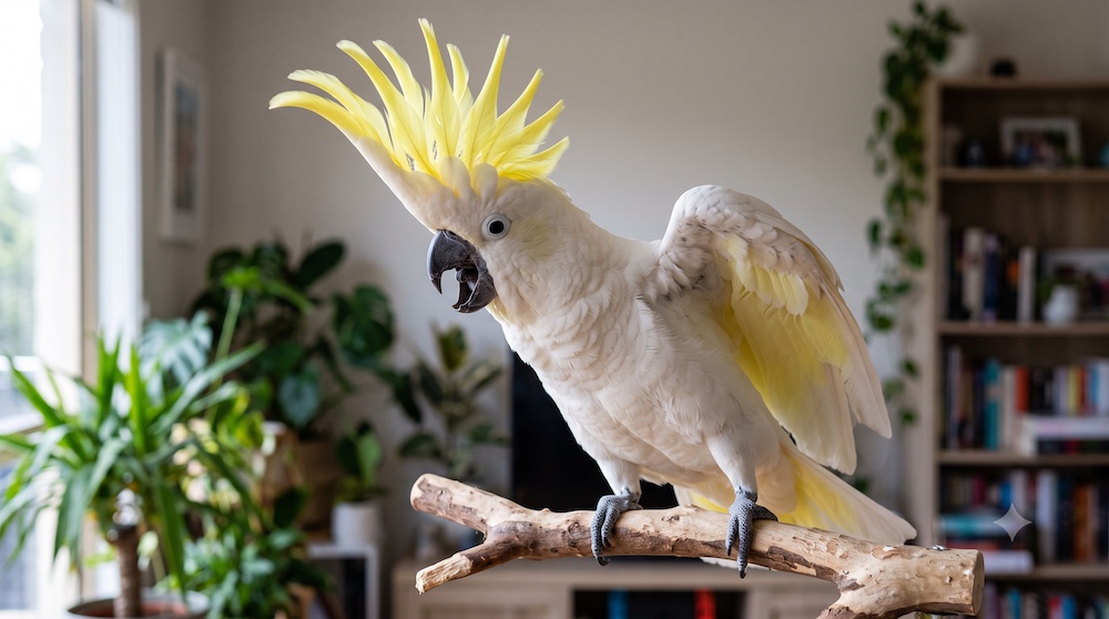 White cockatoo with crest raised, representing
a naturally loud pet bird species by design
