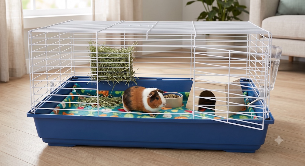 Commercial guinea pig cage with solid
plastic base and wire top showing a guinea pig
inside a clean, appropriately sized enclosure