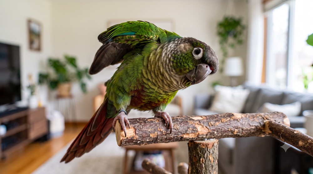 A green-cheek conure perched actively, representing the step up in personality and care complexity from smaller bird species