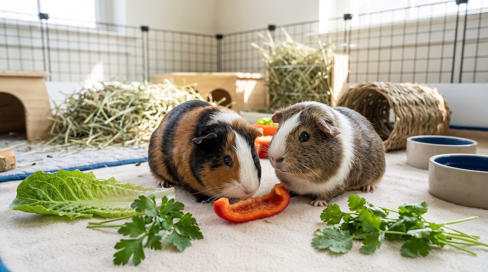 Two guinea pigs sitting together beside fresh bell pepper and leafy greens in a spacious clean enclosure