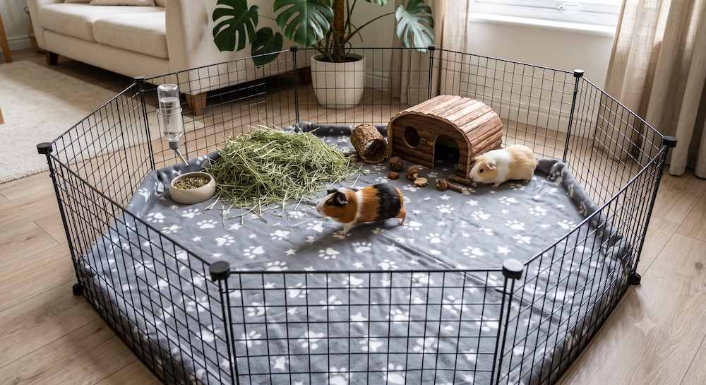 Large exercise pen setup for guinea pigs
with fleece flooring, multiple guinea pigs,
and enrichment items showing spacious floor area