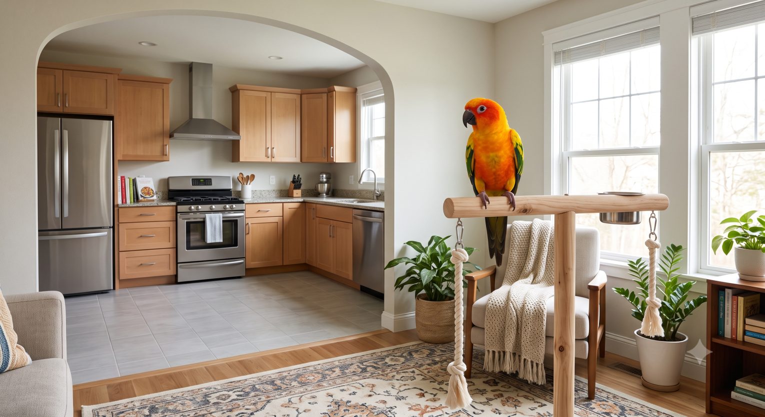 Pet parrot perched safely away from a kitchen stove, illustrating the importance of keeping birds out of cooking areas