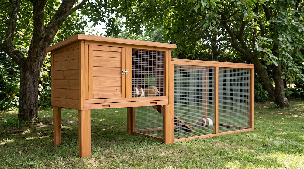 Outdoor guinea pig hutch with secure
predator-proof construction, raised off the
ground, showing appropriate outdoor housing setup