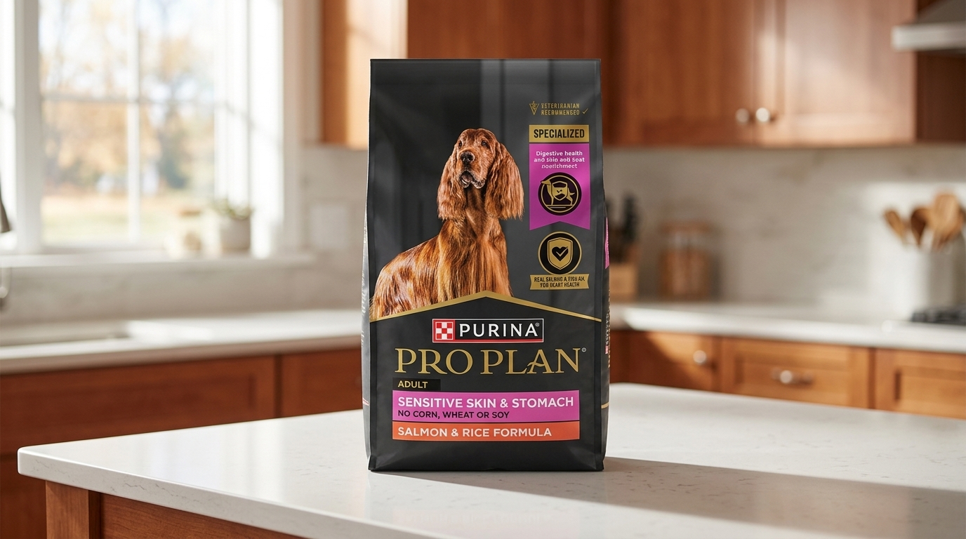 Bag of Purina Pro Plan Sensitive Skin & Stomach - Salmon & Rice adult dry dog food on a clean kitchen counter