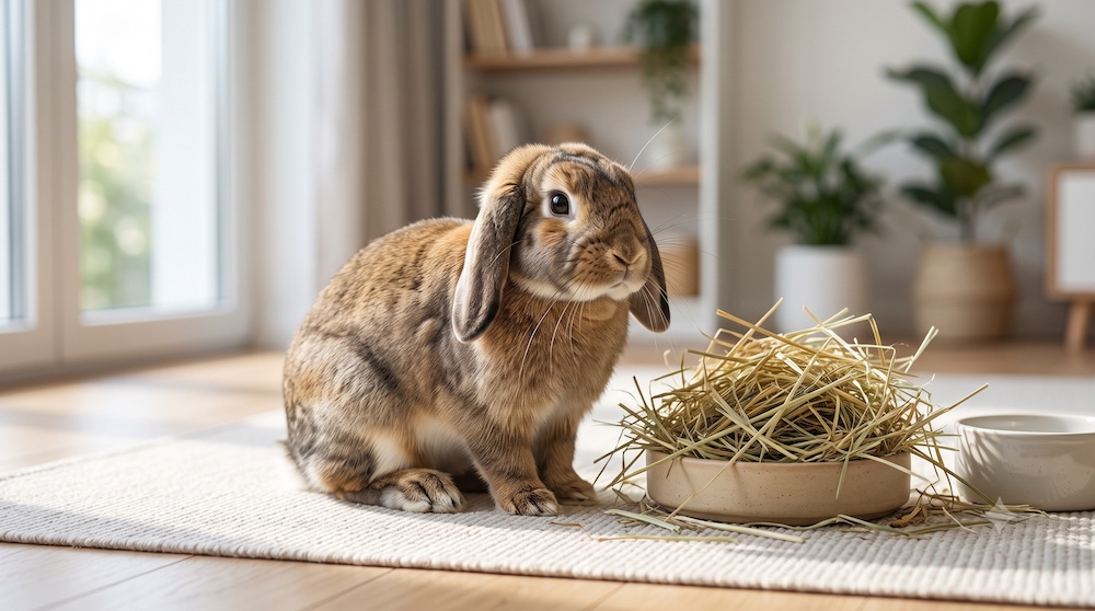 Healthy adult rabbit sitting beside a pile of timothy hay in a clean indoor enclosure with a second rabbit visible in the background