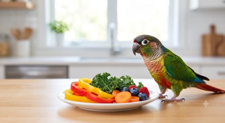 Pet parrot beside a colorful plate of sliced bell peppers, leafy greens, carrots, and berries, showing an appropriate fresh food serving