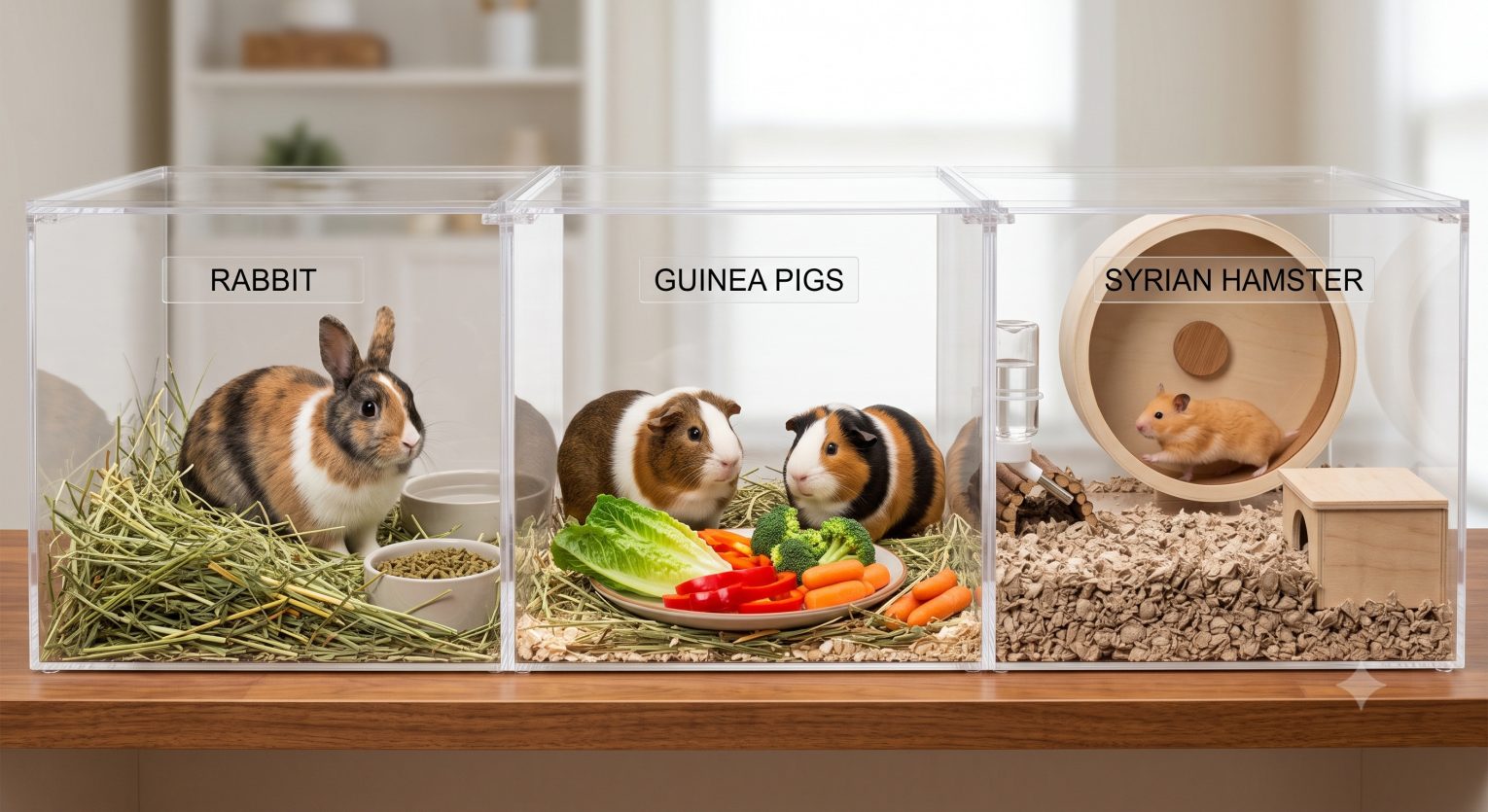 A rabbit, guinea pig, and hamster shown side by side in clean natural habitats, representing the three most popular small pet species