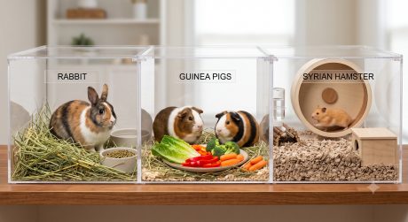 A rabbit, guinea pig, and hamster shown side by side in clean natural habitats, representing the three most popular small pet species