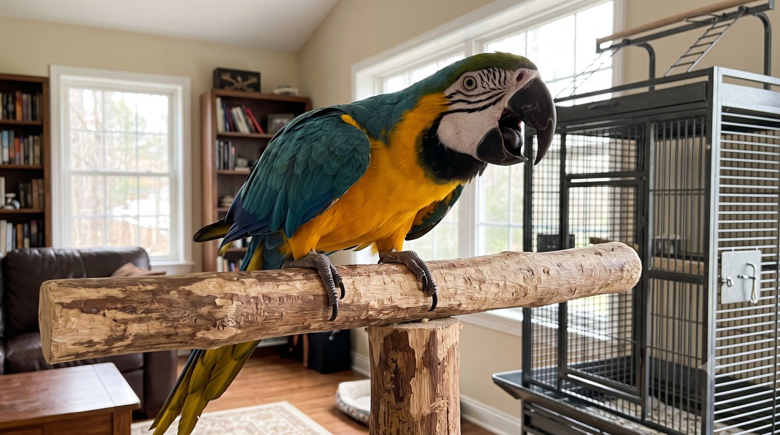 Pet parrot calling loudly on its perch, representing normal contact calling behavior in pet birds