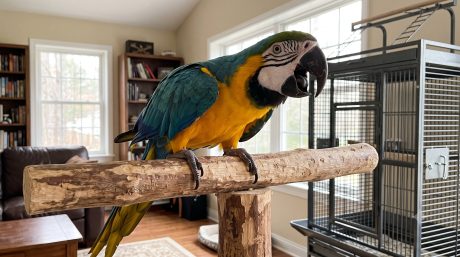 Pet parrot calling loudly on its perch, representing normal contact calling behavior in pet birds