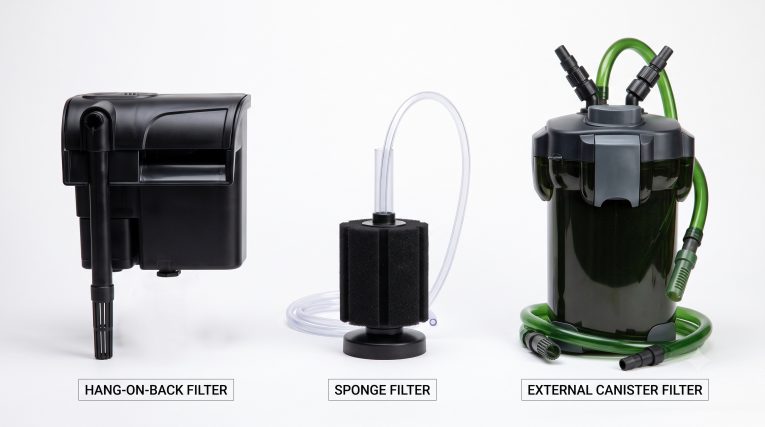 Three aquarium filter types shown together—a hang-on-back filter, a sponge filter, and a canister filter—for freshwater tank comparison