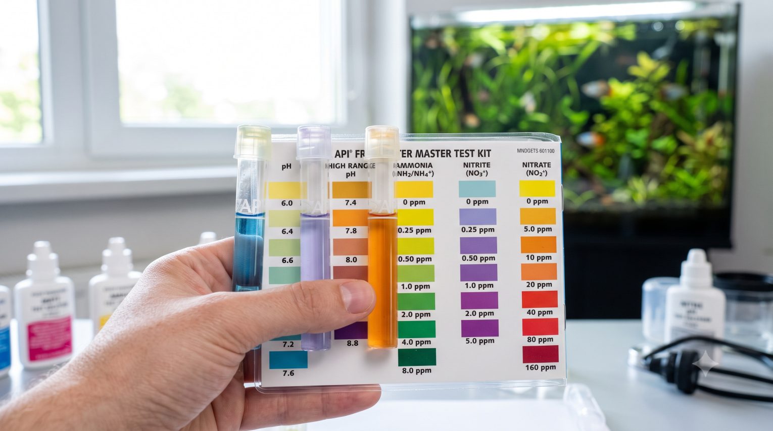 Liquid test kit with color comparison chart being used to test aquarium water for ammonia, nitrite, nitrate, and pH