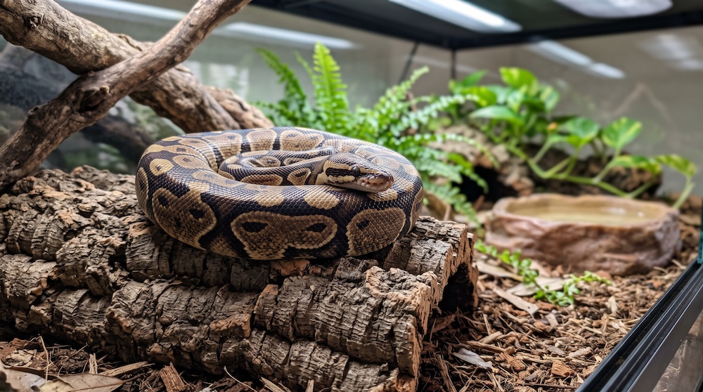Ball python coiled calmly on a hide inside its enclosure