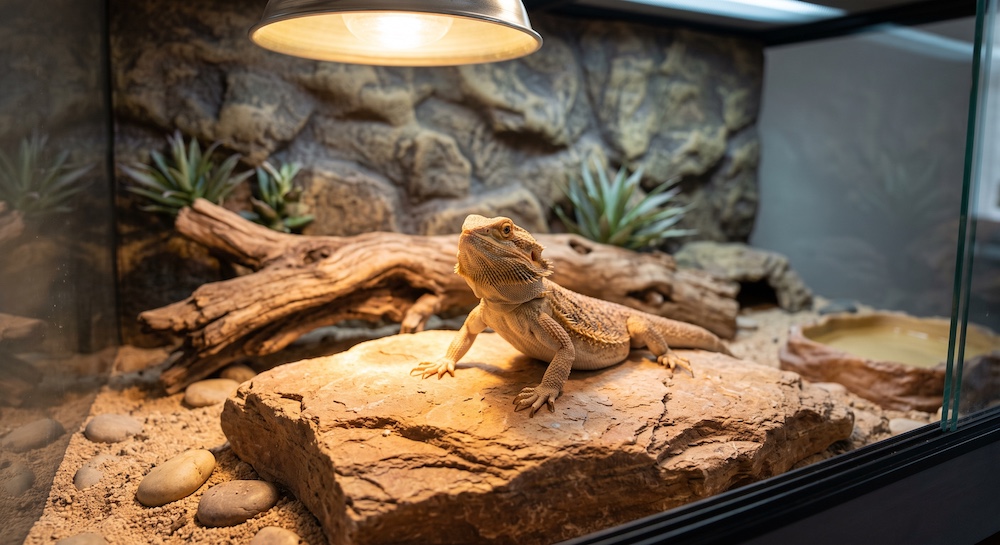 Bearded dragon basking under a heat lamp, representing a more involved but still beginner-appropriate reptile