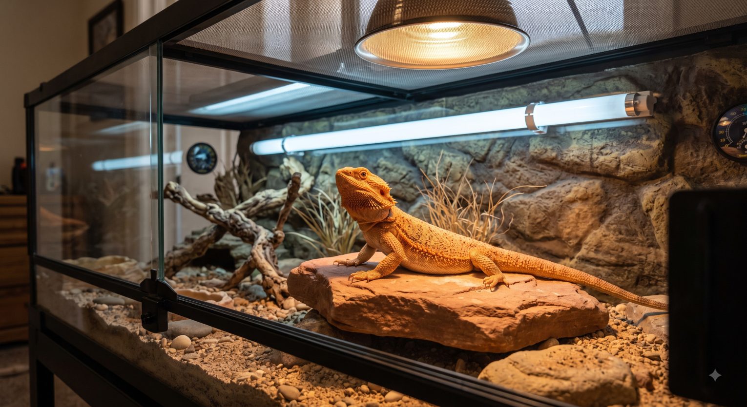 Healthy adult bearded dragon basking under a heat lamp on a rock platform inside a well-lit terrarium