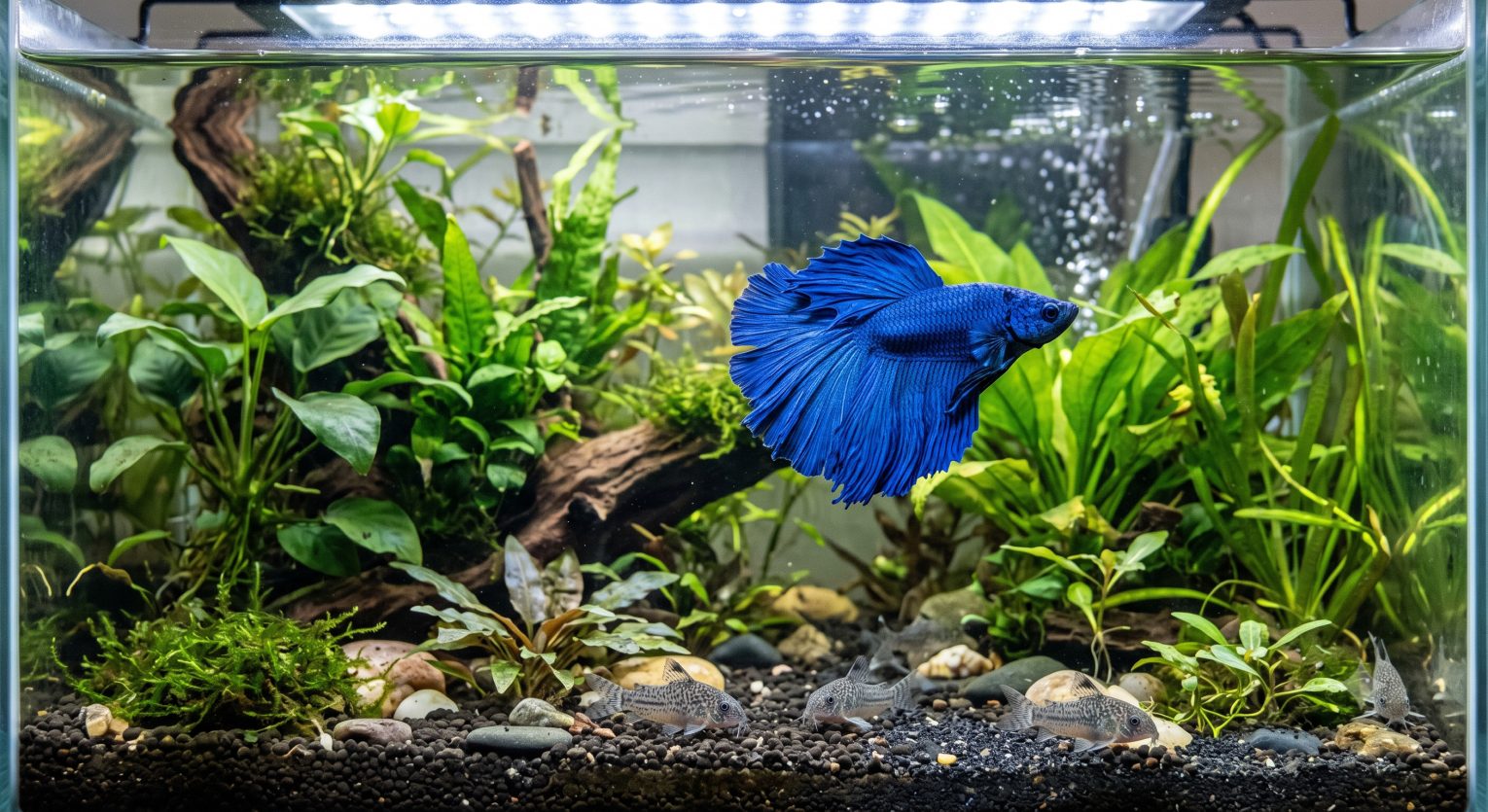 Blue betta fish swimming peacefully near corydoras catfish at the bottom of a planted community aquarium