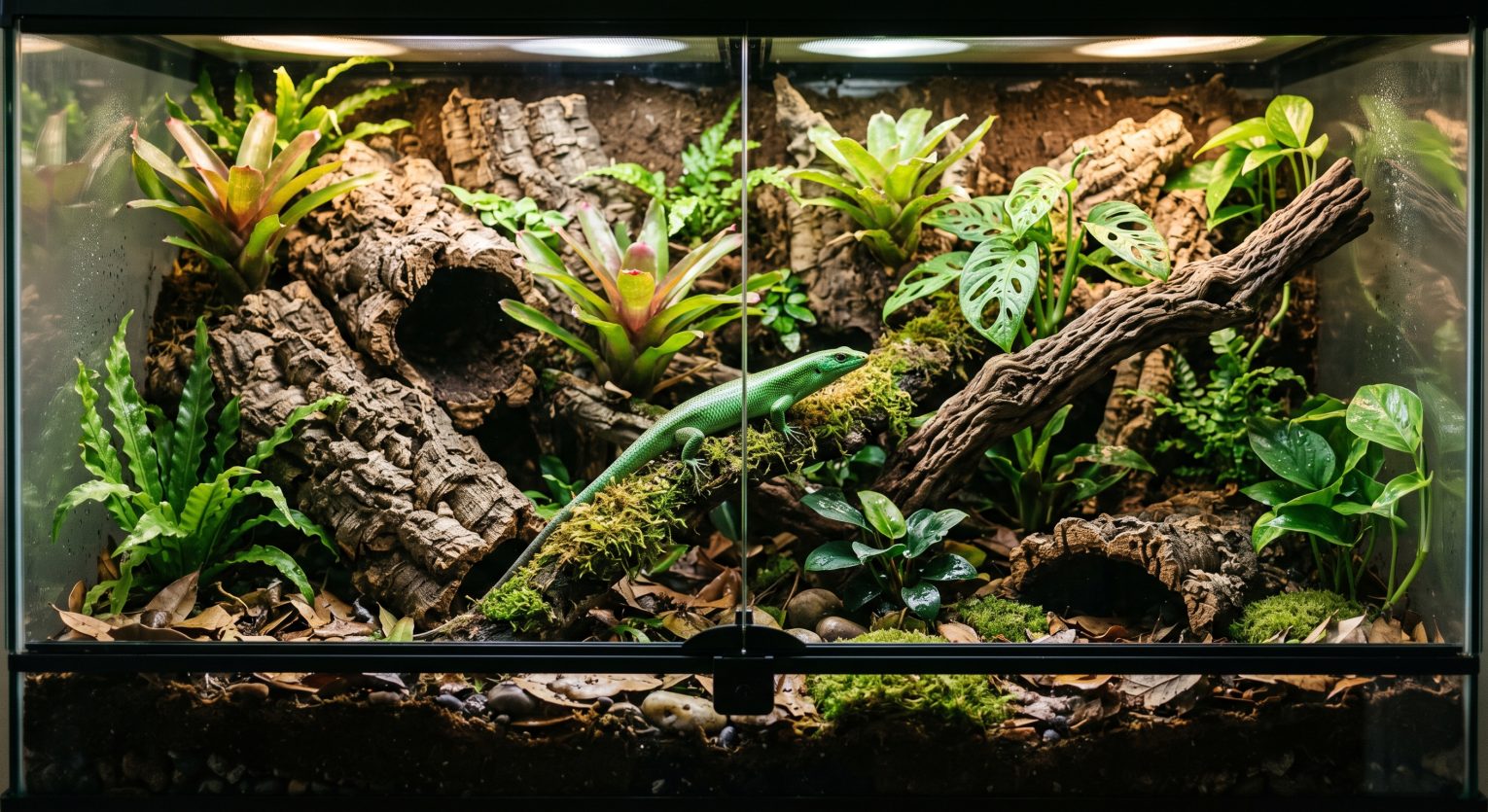 Lush bioactive reptile terrarium with live plants, natural substrate, and a lizard exploring the enclosure