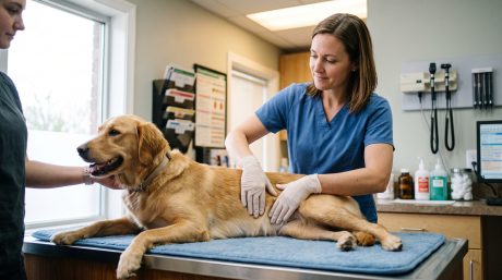 Veterinarian examining a dog on an exam table, representing early symptom recognition and veterinary care