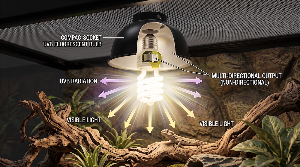 Compact coil-style UVB bulb mounted in a dome fixture, illustrating its omnidirectional light pattern
