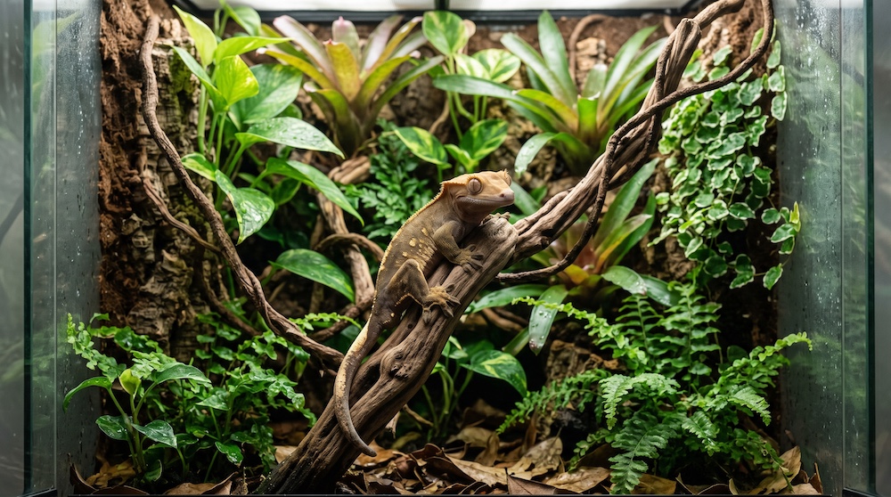 Crested gecko climbing on a branch in a vertical, plant-filled terrarium