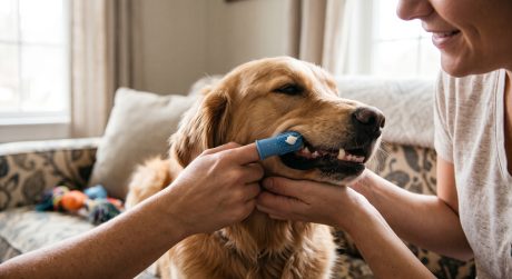 Owner brushing a dog's teeth with a dog-specific toothbrush and toothpaste