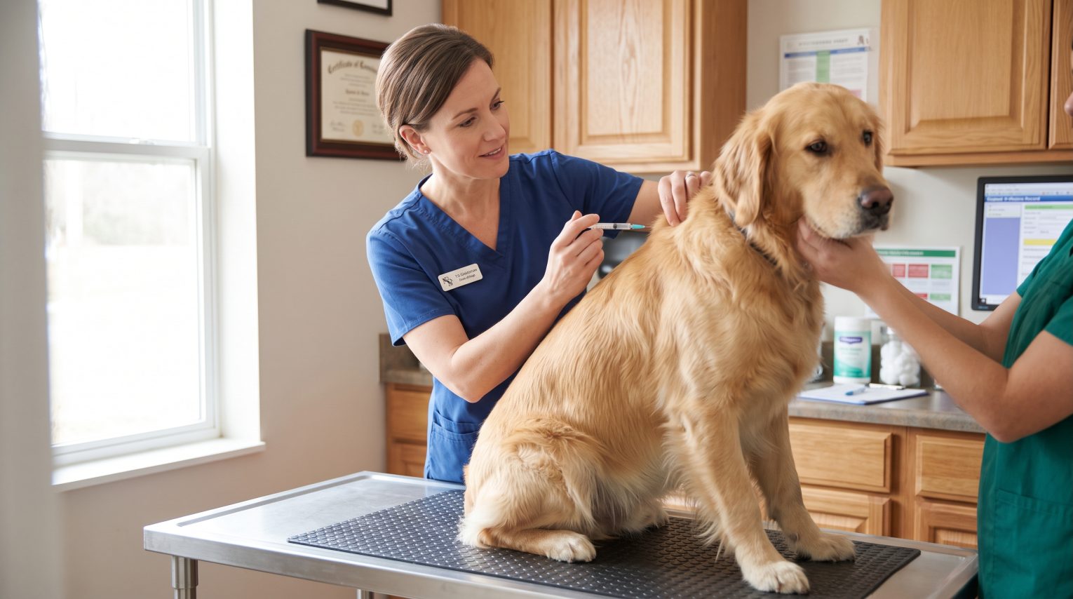 Veterinarian administering a vaccine to a calm dog during a routine checkup