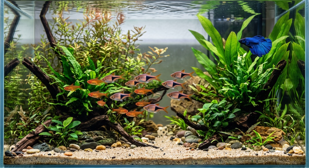 School of ember tetras and harlequin rasboras swimming near a betta fish in a community aquarium