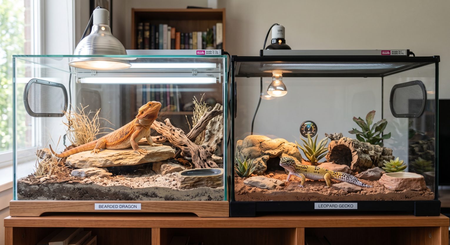 A bearded dragon and a leopard gecko shown together in separate well-equipped terrariums, representing the range of pet reptiles covered in this guide