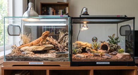 A bearded dragon and a leopard gecko shown together in separate well-equipped terrariums, representing the range of pet reptiles covered in this guide