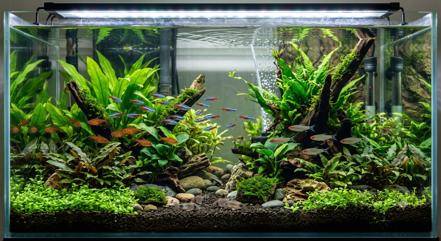 Thriving planted freshwater community aquarium with schooling fish, representing a fully established and properly maintained tank