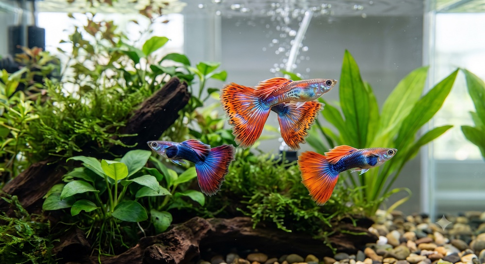 Colorful male guppies with flowing tails swimming in a planted community aquarium