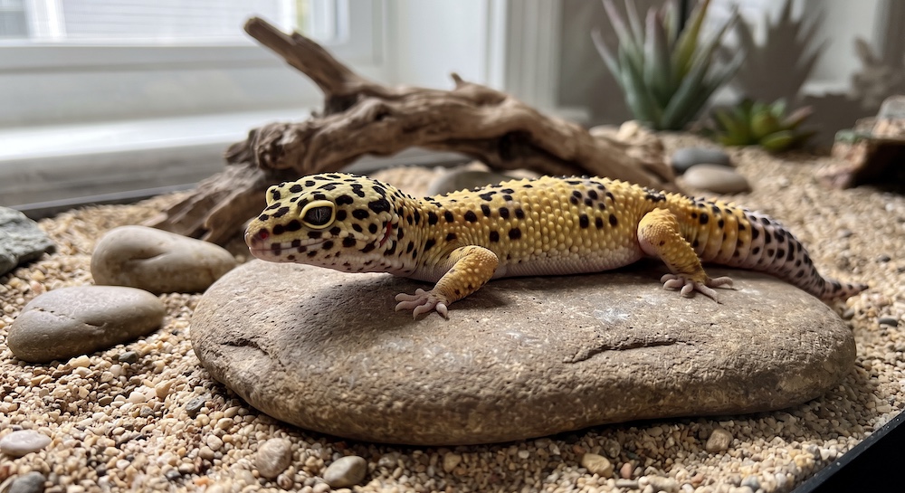 Leopard gecko resting on a warm hide, representing the lowest-complexity beginner lizard option