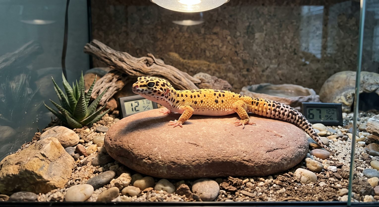 Healthy leopard gecko with spotted pattern resting on a warm hide inside a naturalistic terrarium